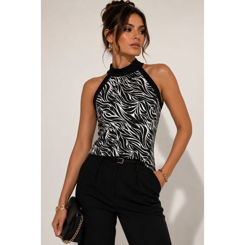Style & Co Black White Zebra Print Halter Top Small Y2K Quiet Glam Animal Print